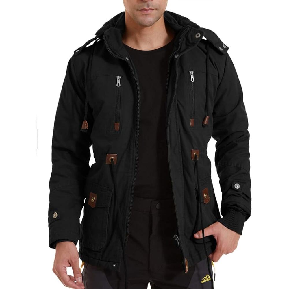 CRYSULLY Military Jacket Field Fleece Cargo Coat Black Removable Hood Sz S Men's